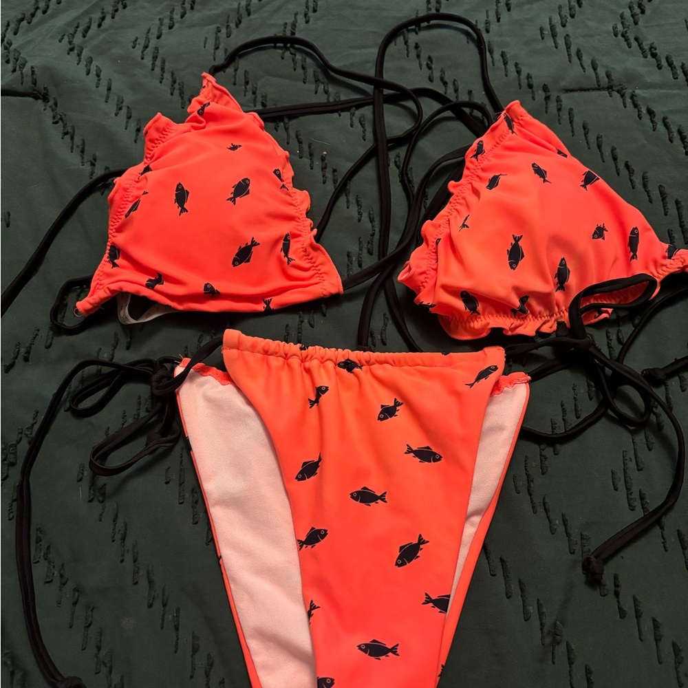 SHEIN Orange and Black Fish Print Bikini